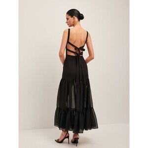 Commense Sheer Panel Back-Tie Ruffled Hem Dress Black size XL‎